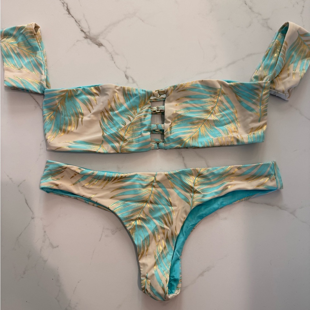 Beach Bunny Turquoise, Gold and Cream Leaf Print Off-Shoulder Bikini